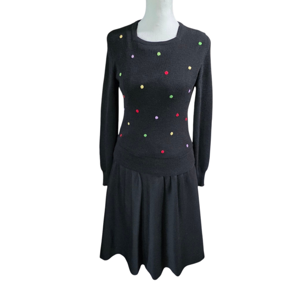 Vintage Ciao Ltd Black Wool Sweater Dress Polka Dot Emb. Fit & Flare Size 12